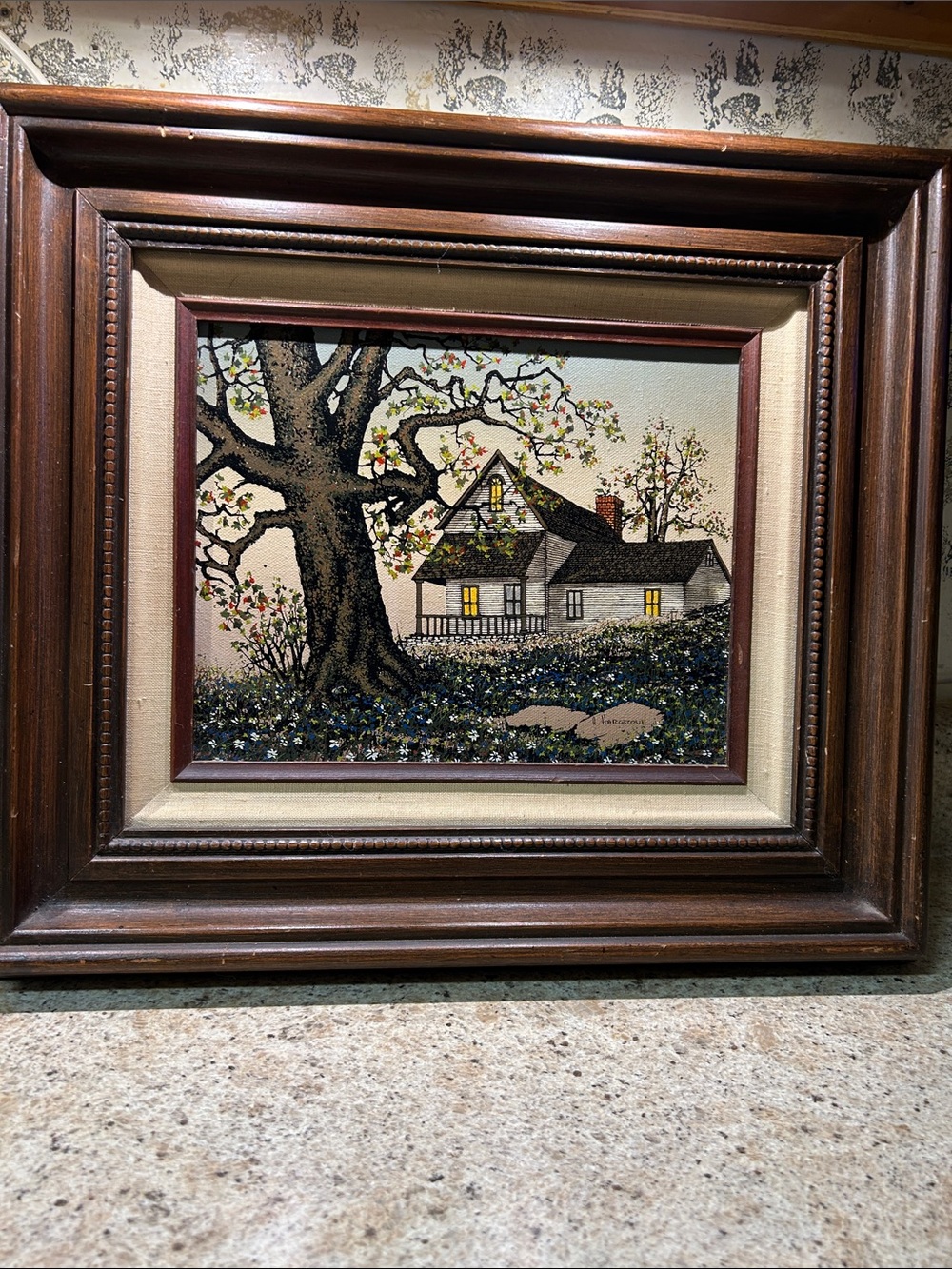 Framed Fiber Art Cottage Wall Hanging in Brown and Cream